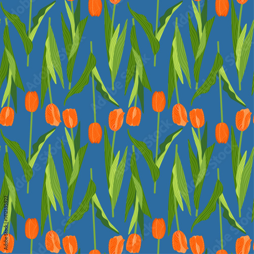 A floral seamless pattern featuring various colorful tulips with green leaves on a dark background. Geometric background pattern. Botanical design for print, wallpaper, textile, and wrapping paper.
