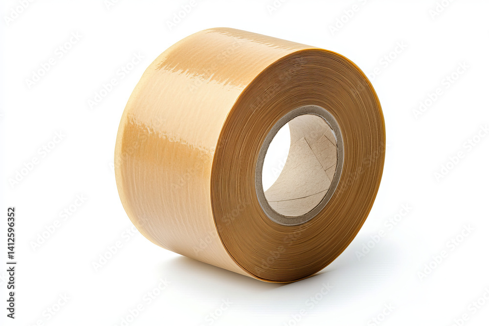 Close up view of a roll of tan tape on a white surface in a studio shot Close up view of a roll of tan tape on a white surface in a studio shot