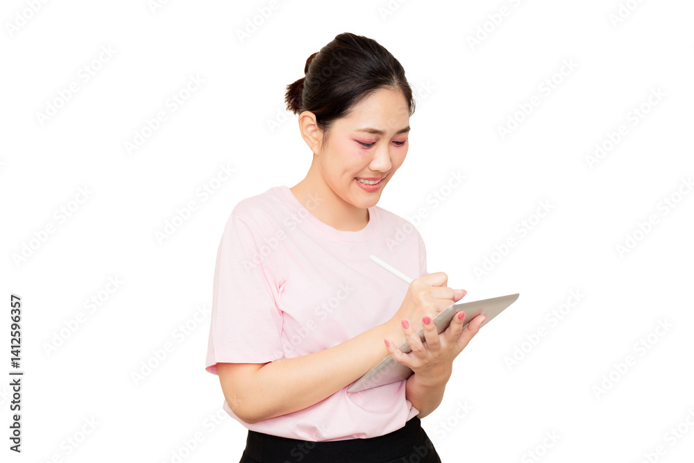 Asian young woman smiles while using a digital tablet and stylus, engaged in creative work or note-taking. Asian young woman smiles while using a digital tablet and stylus, engaged in creative work or note-taking.
