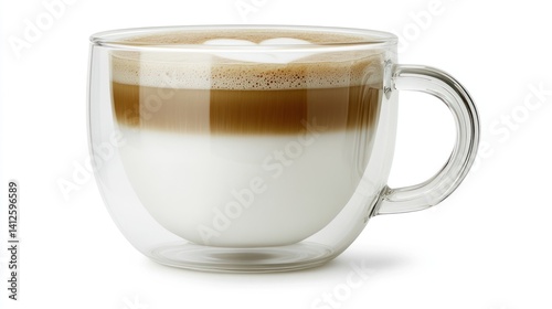 Glass coffee cup with latte art against white background. Possible use stock photo for coffee shop menus, marketing materials