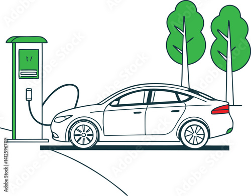 This vibrant illustration depicts various eco-friendly transportation methods including an electric car, electric bicycle, electric scooter, and electric scooter, all in a green environment.