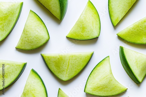 Triangular slices of green fruit arranged in a pattern on a white background