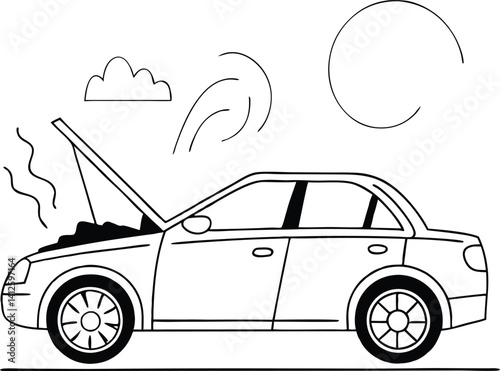 A cartoon illustration of a mechanic looking concerned with his hands on his head, standing beside a car with its hood up.