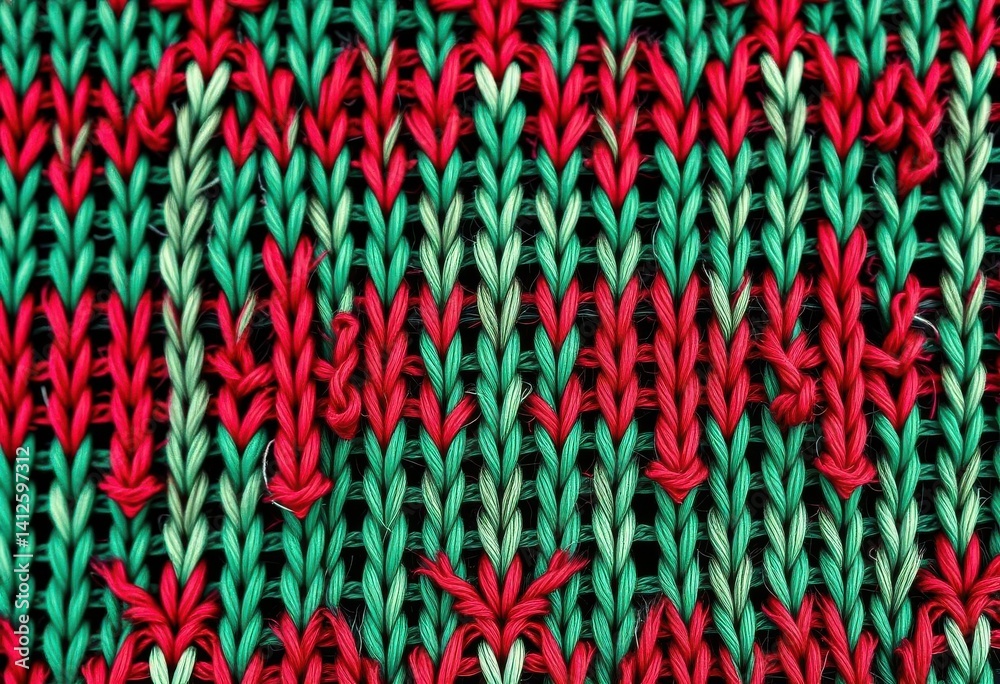 Intricate knit Christmas sweater texture; close-up view of festive red and green pattern, texture, close-up Intricate knit Christmas sweater texture; close-up view of festive red and green pattern, texture, close-up