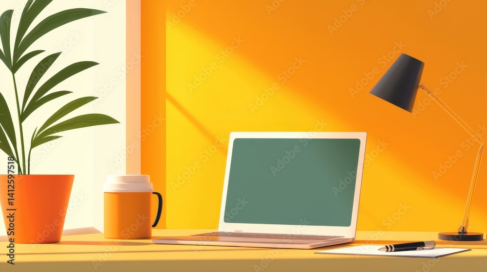 Cozy Workspace with Laptop, Coffee, Plant, and Desk Lamp in Bright Colors