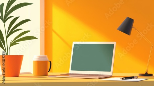 Obraz na płótnie Cozy Workspace with Laptop, Coffee, Plant, and Desk Lamp in Bright Colors w salonie