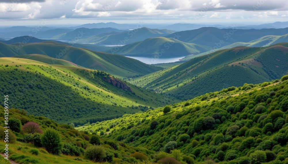 Naklejka premium Lush Landscapes Scenic landscapes depicting rolling hills covered in dense vegetation and reflective droplets.