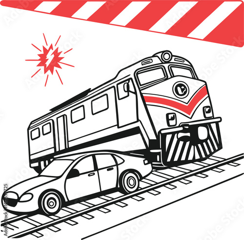 Train and Car Collision at Railroad Crossing, Safety Awareness Illustration