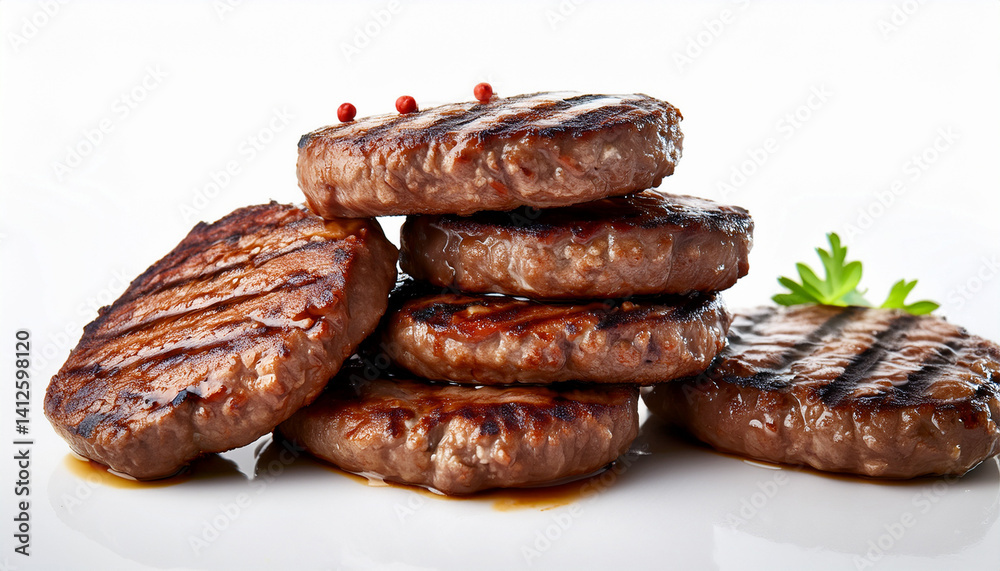 grilled beef patties stacked on white background grilled beef patties stacked on white background