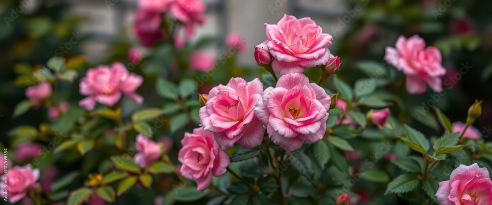 Soft pink roses bloom amidst lush green foliage against a blurred, abstract backdrop, botany, detail Soft pink roses bloom amidst lush green foliage against a blurred, abstract backdrop, botany, detail