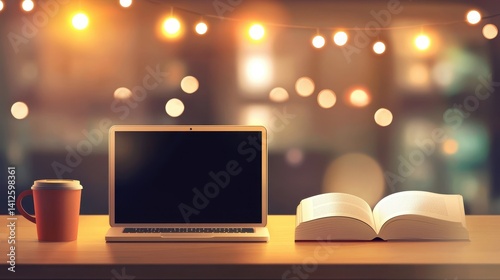 Obraz na płótnie Cozy Study Space with Laptop, Book, and Warm String Lights w salonie