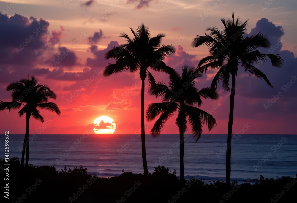 Obraz premium Silhouetted palms, fiery sunset, tranquil ocean, nature photography, warm