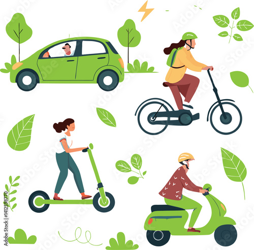 This vibrant illustration depicts various eco-friendly transportation methods including an electric car, electric bicycle, electric scooter, and electric scooter, all in a green environment.