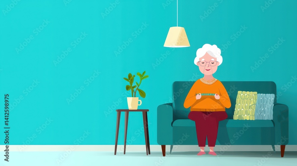 Cheerful Elderly Woman Knitting in Cozy Living Room Setting