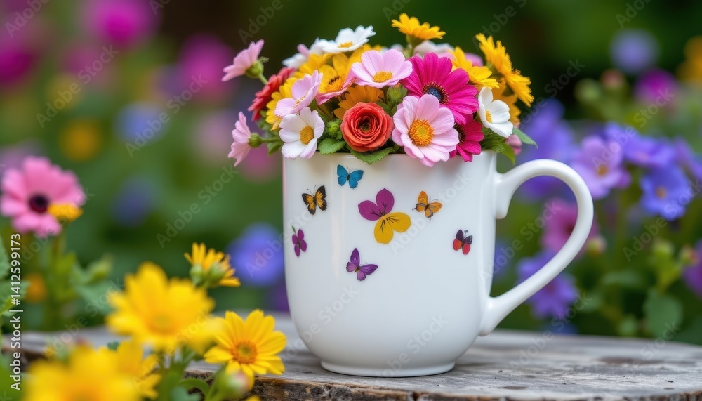 Fototapeta premium Delightful Garden Mug A delightful mug brimming with garden fresh flowers, showcasing a lively palette.