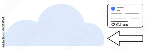 Large blue cloud connected to a digital post with user profile, thumbs ups, and comments, showcasing data movement. Ideal for cloud storage, social networks, content sharing, data transfer, online