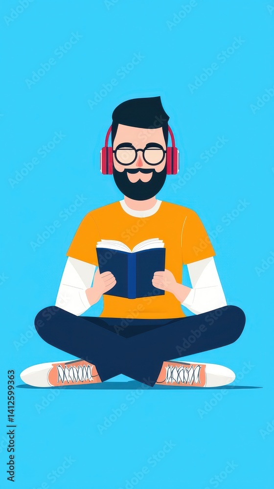 Young Man Enjoys Music While Reading Book in Relaxed Setting