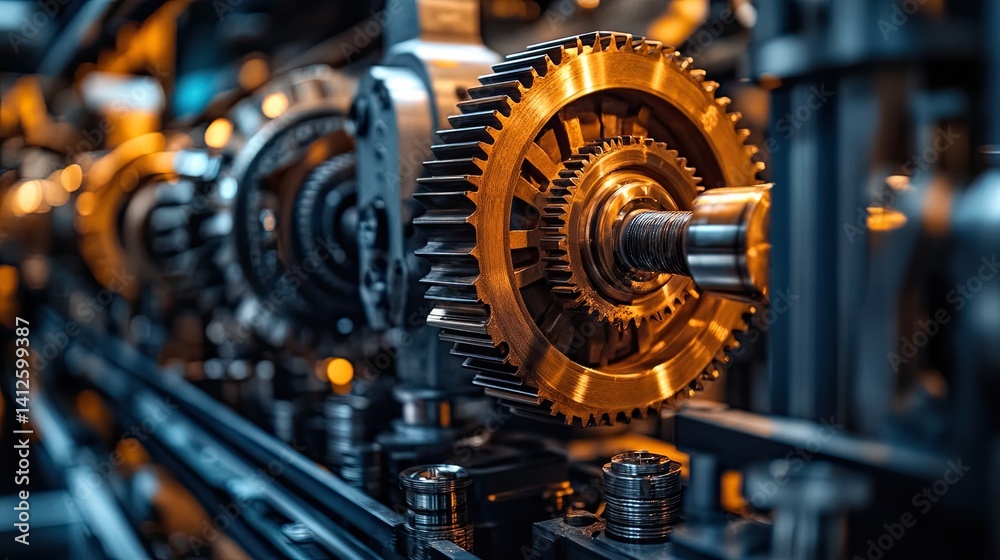 Close-up of Complex Gear System in Mechanical Machinery Close-up of Complex Gear System in Mechanical Machinery