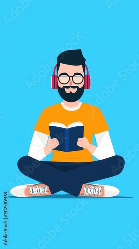 Young Man Enjoys Music While Reading Book in Relaxed Setting