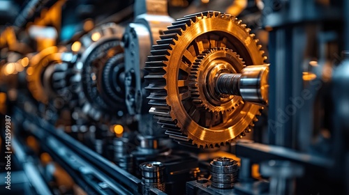Close-up of Complex Gear System in Mechanical Machinery  