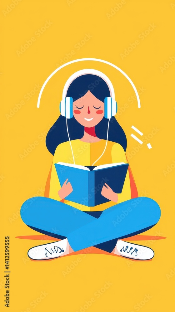 Happy girl reading book with headphones on bright yellow background
