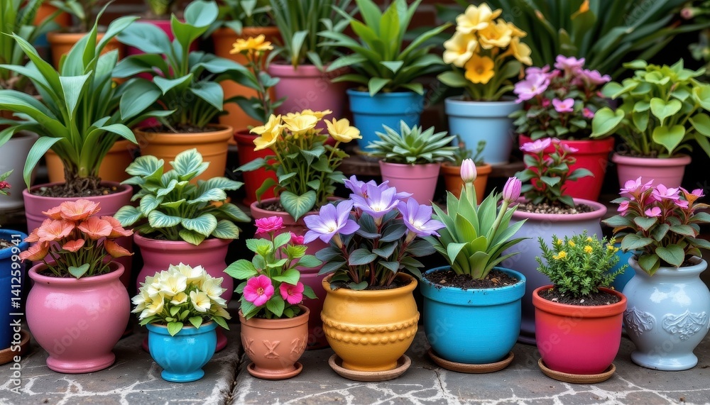 Fototapeta premium Nature's Palette An artistic representation of nature's colors through a collection of plants in vibrant pots.