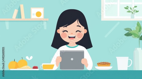 Obraz na płótnie Cheerful Girl with Tablet Enjoying Breakfast in Cozy Kitchen Scene w salonie