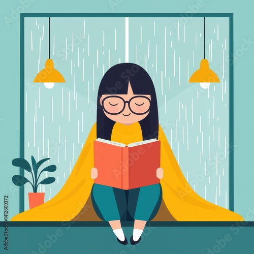 Obraz na płótnie Cozy Reading Scene with Girl in Bright Room and Rainy Window w salonie