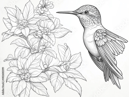 Detailed hummingbird and floral black and white line art illustration for coloring