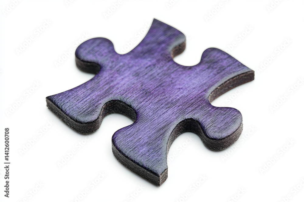 Obraz premium Isolated purple puzzle piece with wood grain on a white surface close up