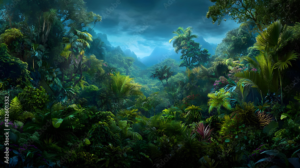 Fototapeta premium Tropical Rainforest Valley At Dusk