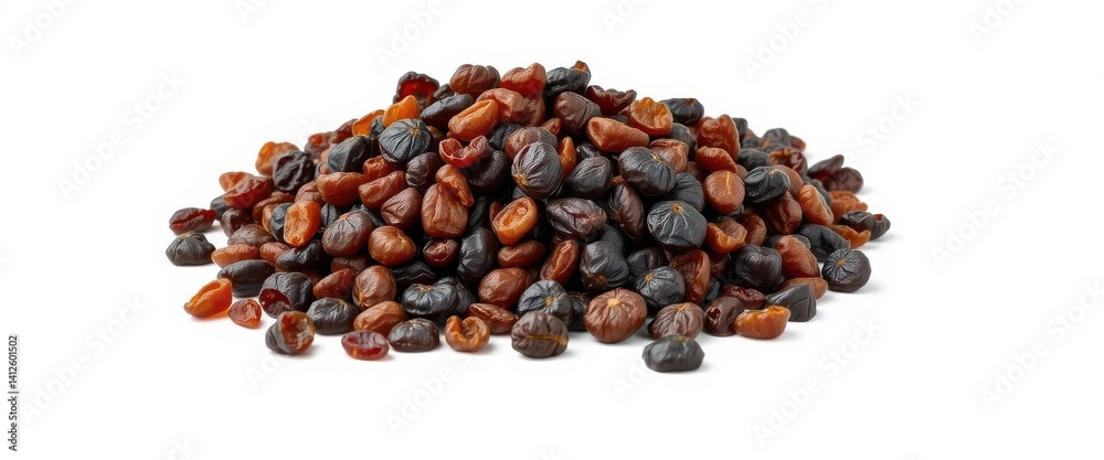 A mound of wrinkled, dark brown raisins spills at a tilted angle against a stark white background, nutrition, cluster A mound of wrinkled, dark brown raisins spills at a tilted angle against a stark white background, nutrition, cluster