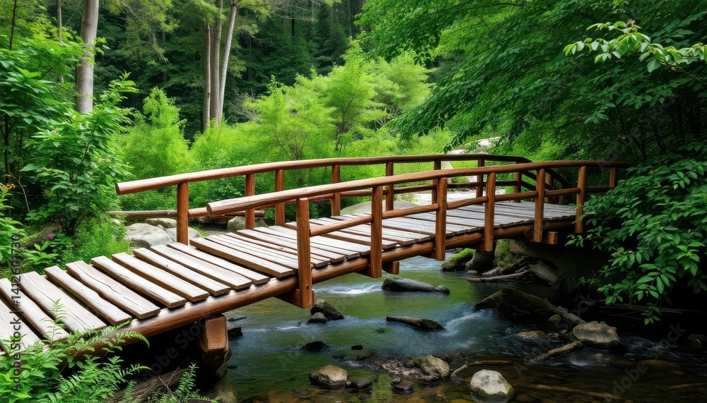 Rustic wooden bridge spans tranquil stream, lush green forest surrounds, river, tranquil Rustic wooden bridge spans tranquil stream, lush green forest surrounds, river, tranquil