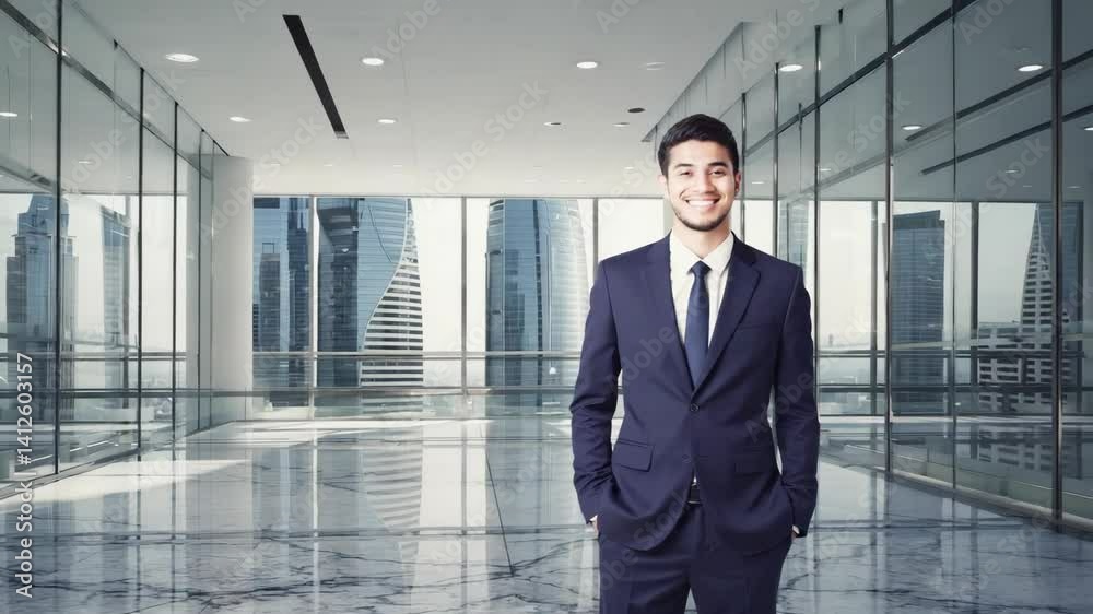 Confident smiling businessman in suit stands in modern office with cityscape view through glass walls and marble floor
