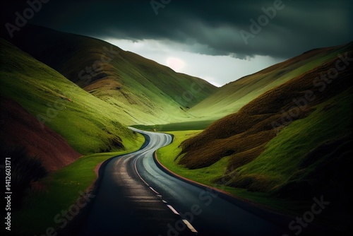 Road Among Green Hills. Beautiful landscape.