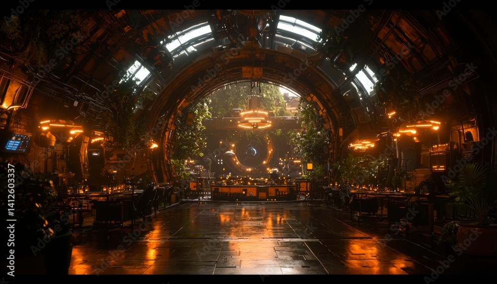 Fototapeta premium Futuristic, dimly lit, ornate hall