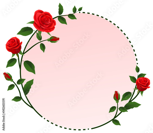 Round frame with red roses on a white background. Vector illustration.