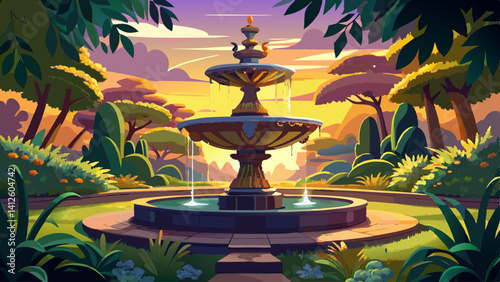 An ornate fountain centerpiece in a botanical garden, reflecting the afternoon sun