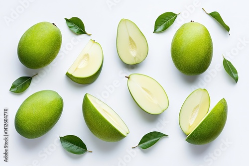 Wallpaper Mural Green tropical fruits, halved and whole, arranged with leaves on white background Torontodigital.ca