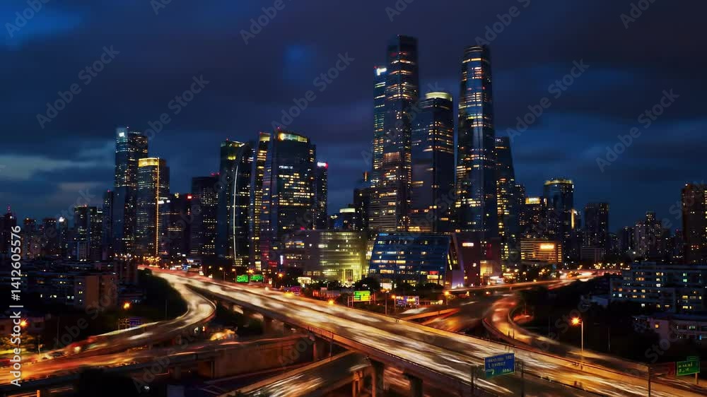 Modern City Skyline Timelapse Sunset to Night Highway Traffic Streaks Modern City Skyline Timelapse Sunset to Night Highway Traffic Streaks