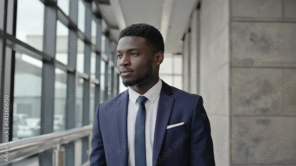 Sophisticated Black Businessman in Suit Walks Through Modern Building Corridor Sophisticated Black Businessman in Suit Walks Through Modern Building Corridor