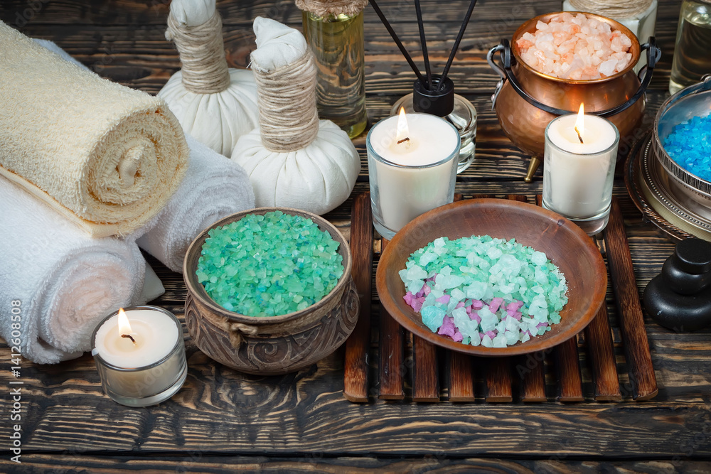 Spa treatment with candles and towel on wooden table, closeup