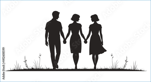 Silhouette Of Man And Two Women Walking Holding Hands Together
