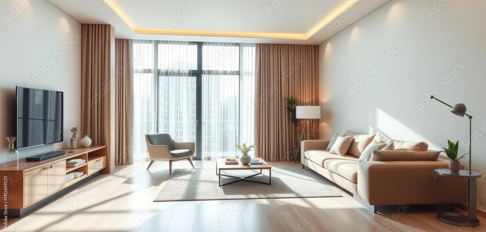 Modern minimalist apartment with sleek furniture and natural light, space, chic Modern minimalist apartment with sleek furniture and natural light, space, chic