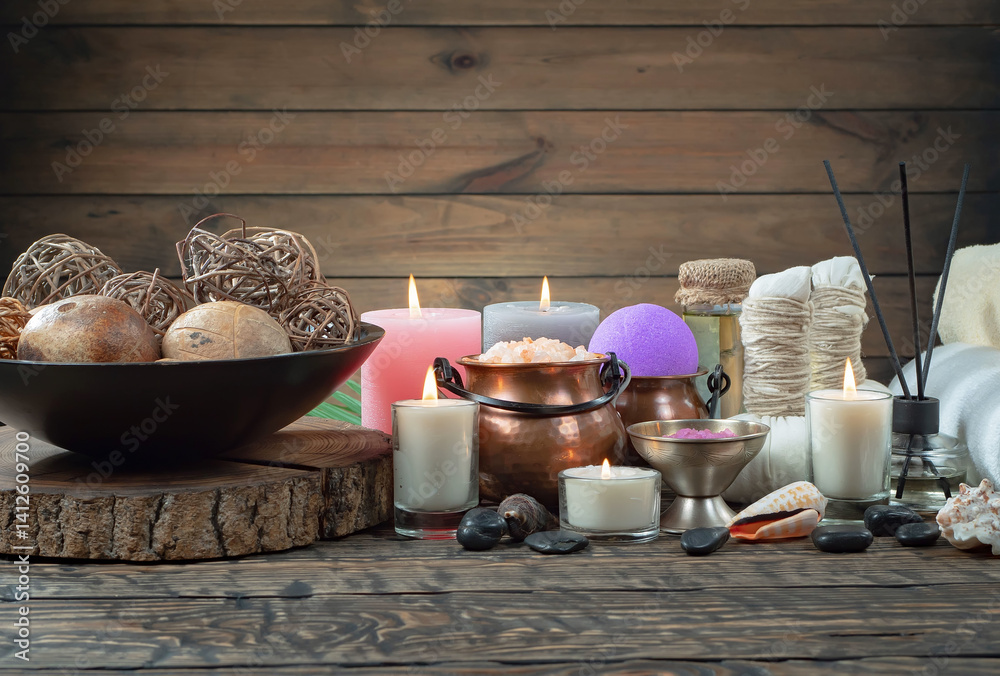 Spa treatment with candles and towel on wooden table, closeup