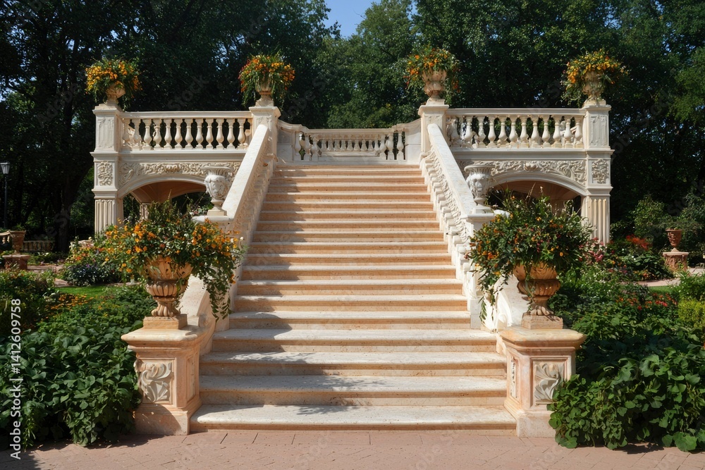 Ornate stone stairway in a lush garden Ornate stone stairway in a lush garden