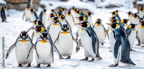 Adorable penguins waddle on snowy Asahiyama Zoo ground, waddle, stock