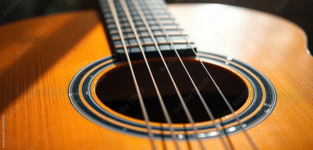 Close-up of acoustic guitar, sunlit wood grain, strings in focus, classic, music Close-up of acoustic guitar, sunlit wood grain, strings in focus, classic, music