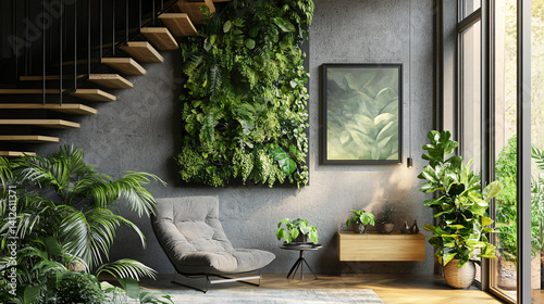 Fototapeta Naklejka Na Ścianę i Meble -  Harmonious Blend of Wall Art and Indoor Greenery Bringing Life to Interiors