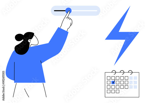 Person toggling control slider near lightning bolt and marked calendar day. Ideal for energy management, efficiency, planning, scheduling, technology, decision-making, flat simple metaphor